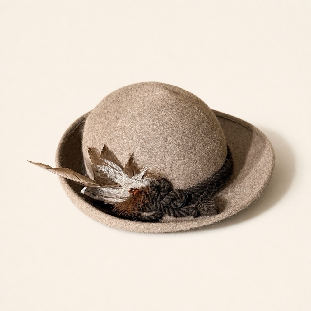 Muhlbauer Wien Wool Felt Hat Taupe Alpine Tyrolean Feather Vintage